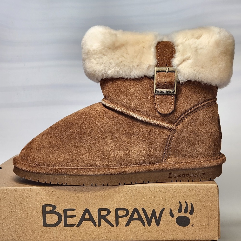 Bearpaw Abby Boots Womens Size 6 Hickory Suede Sheepskin Fur NeverWet 1257W